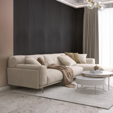 Modern living room with a beige sofa, round coffee table, and dark striped wallpaper.