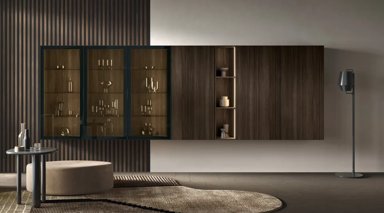 Modern living room featuring a sleek wooden cabinet and minimalist furniture.
