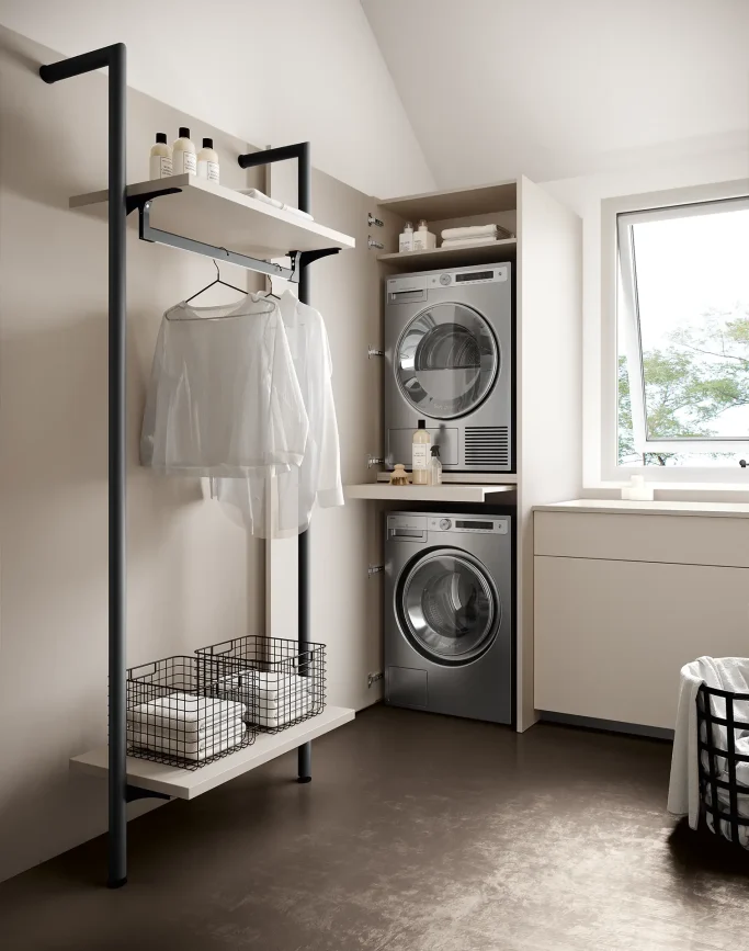 Modern laundry room featuring a drying rack, washer-dryer combo, and storage shelves.