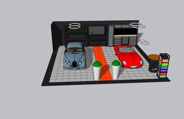 Garage scene featuring a blue vintage car, a red sports car, and various tools.