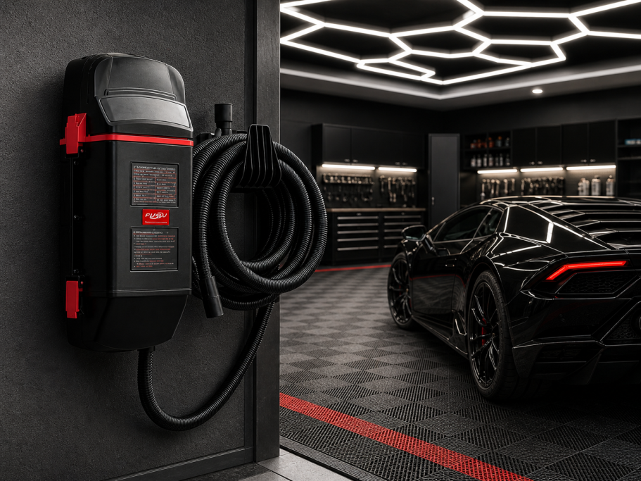 Stylish electric car charging station beside a sleek black car in a modern garage.