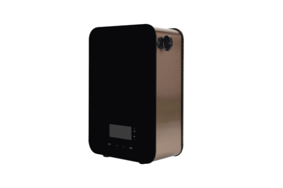 Central heating boiler with a sleek black and bronze design, featuring a digital display.