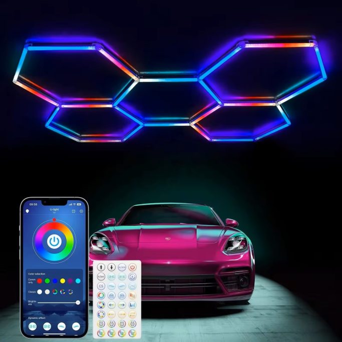 Lamp with colorful hexagonal design above a pink car and a smartphone with color control app.