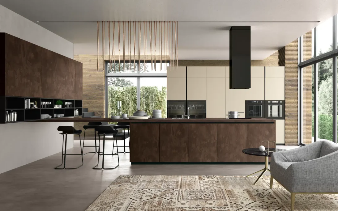 Modern kitchen with wooden cabinets, sleek appliances, and a cozy seating area.