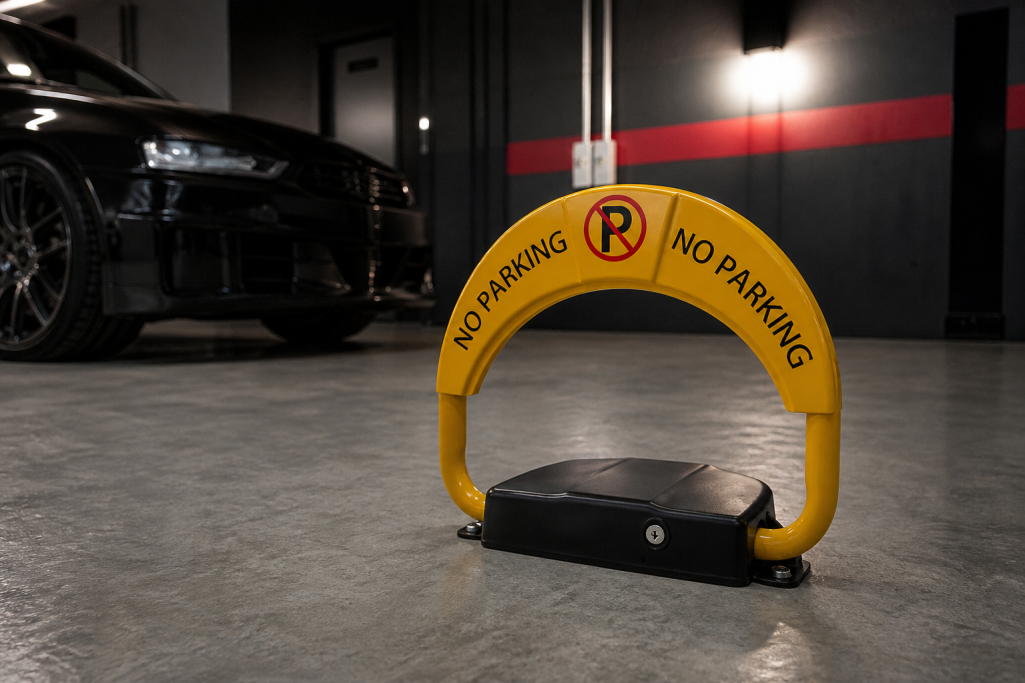 Dispositivi di blocco per auto con il cartello "No Parking" in un garage.