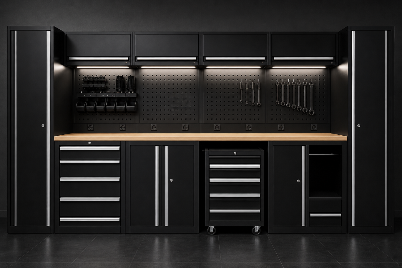 ARREDO PROFESSIONALE Modern black garage workbench with cabinets, drawers, and tools organized above.
