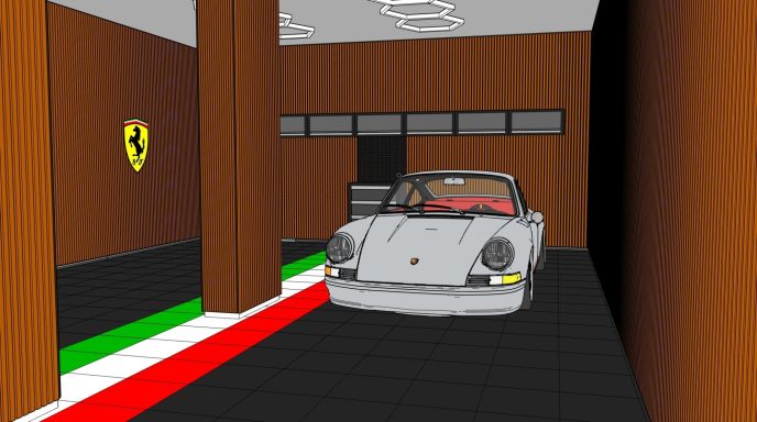 Un'auto sportiva bianca in un garage con pareti in legno e logo Ferrari.