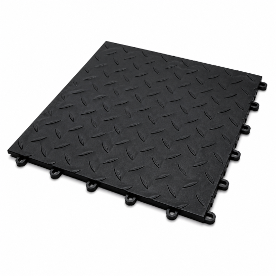 Black rubber flooring tile with a diamond-patterned surface and interlocking edges.