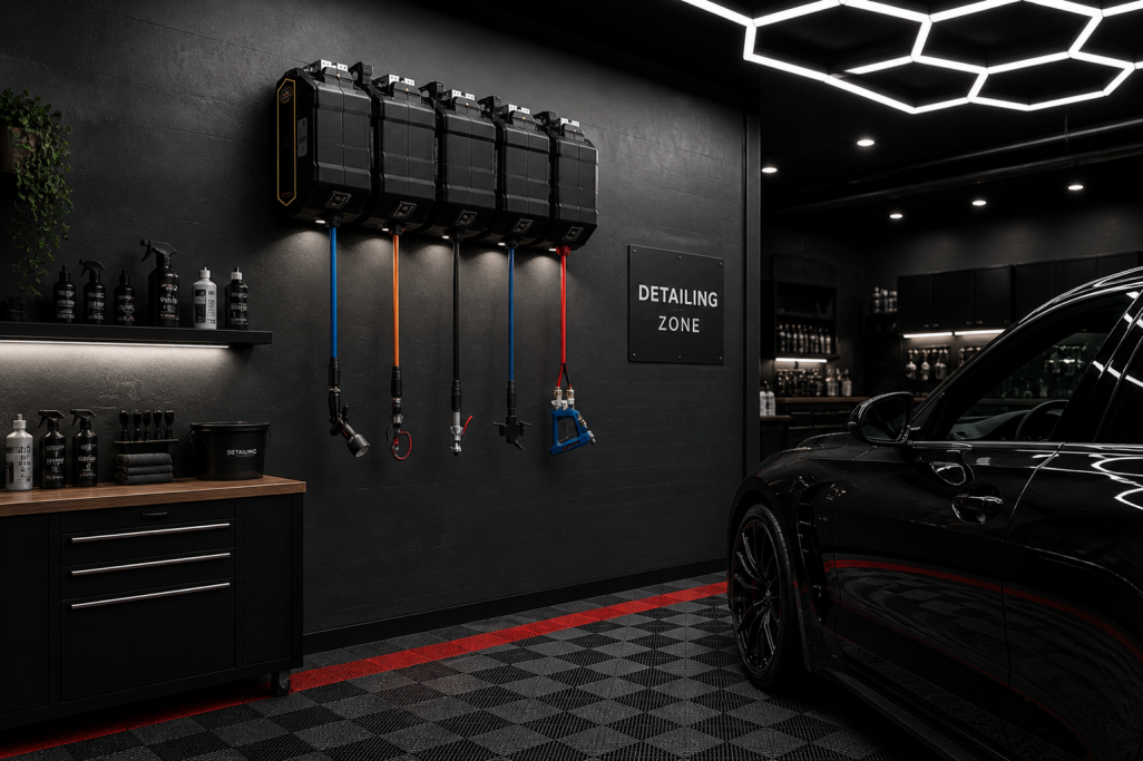 Garage interior featuring black walls, organized tools, and a sleek car.