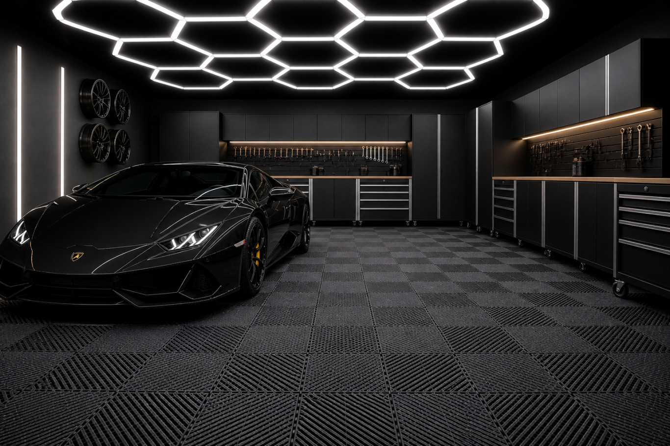 ILLUMINAZIONE LED A NIDO D'APE Garage with a sleek black sports car and modern hexagonal lighting.